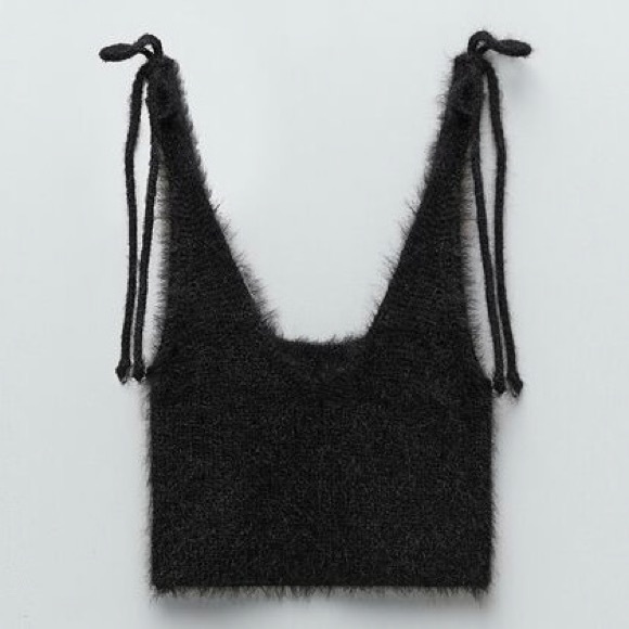 Zara Tops - NWOT Zara fuzzy black crop top with tied cami straps